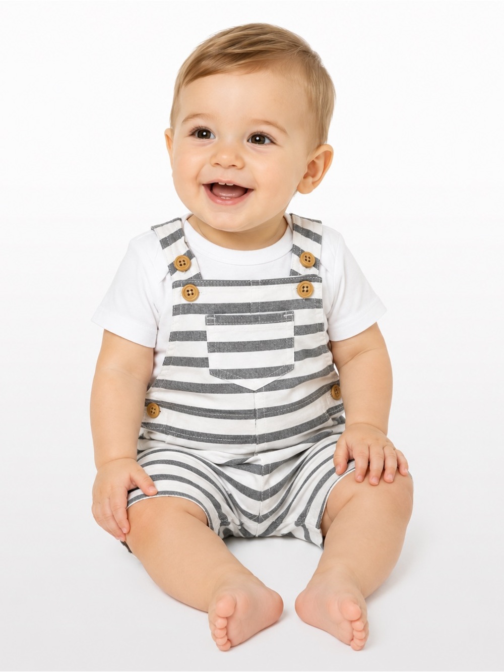 Cherokee Baby Striped Overalls Romper Gray White 0-3M Nautical
